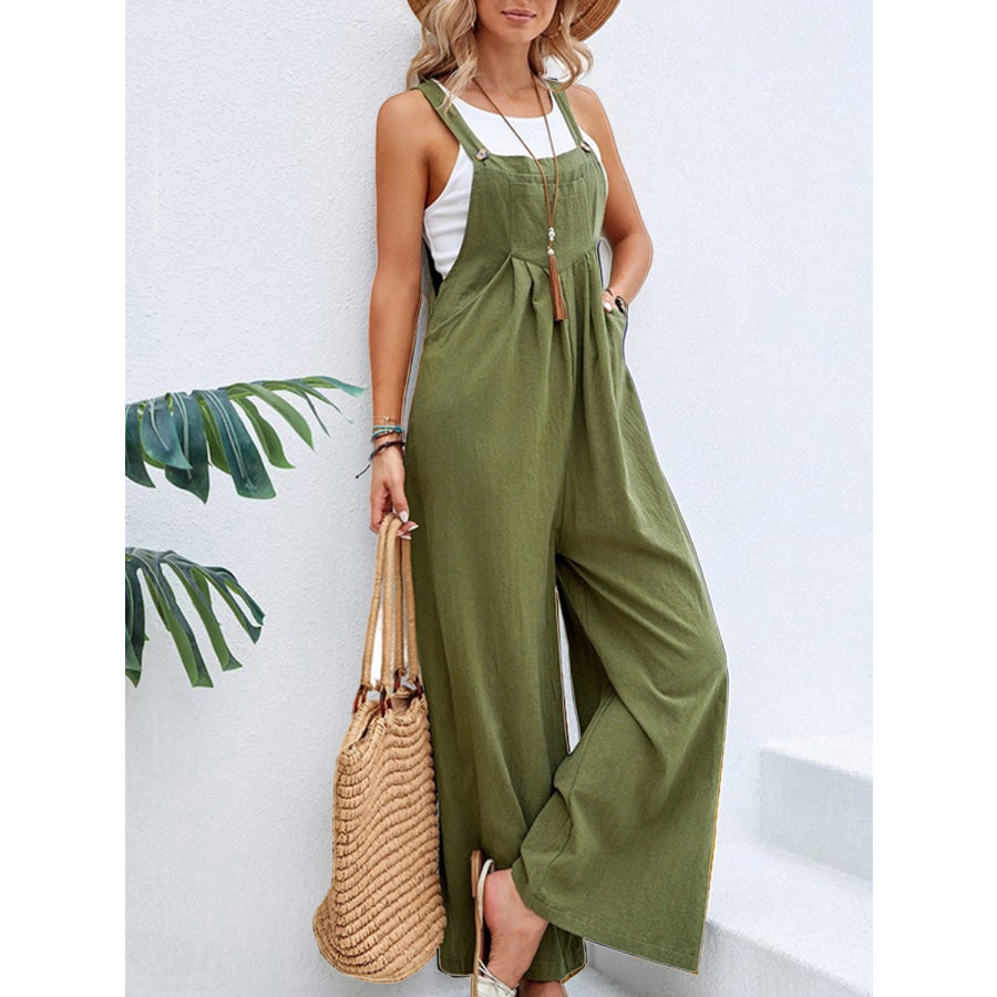 Full Size Square Neck Wide Strap Overalls Moss / S Apparel and Accessories