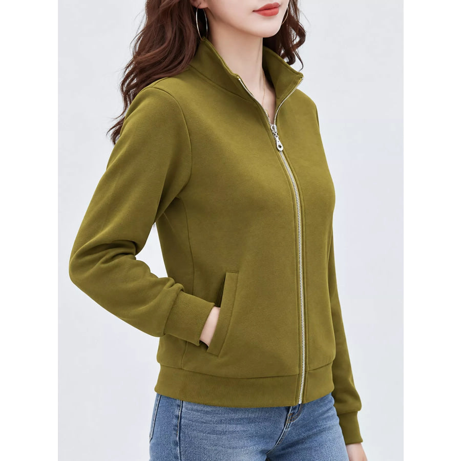 Full Size Stand-Collar Zip-Up Sweatshirt Plus Apparel and Accessories