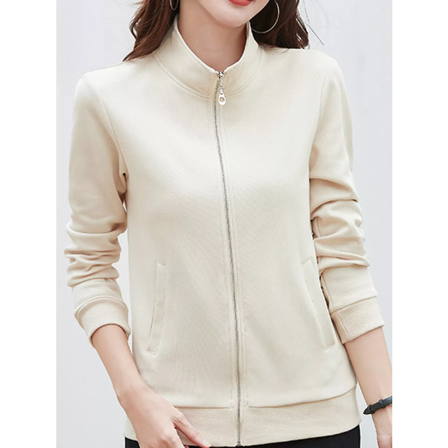 Full Size Stand-Collar Zip-Up Sweatshirt Plus Apricot / S Apparel and Accessories