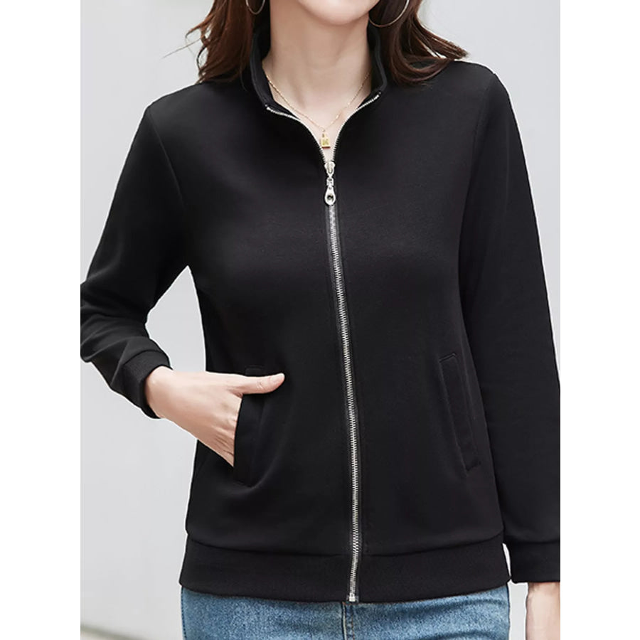 Full Size Stand-Collar Zip-Up Sweatshirt Plus Black / S Apparel and Accessories