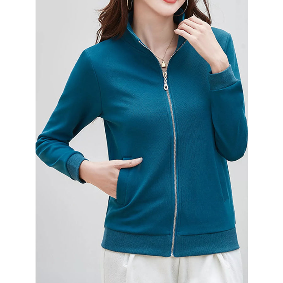 Full Size Stand-Collar Zip-Up Sweatshirt Plus Blue / S Apparel and Accessories