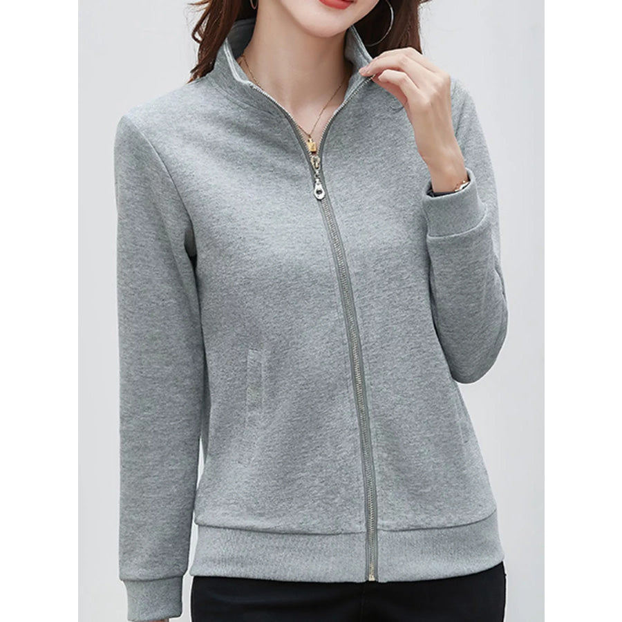 Full Size Stand-Collar Zip-Up Sweatshirt Plus Gray / S Apparel and Accessories