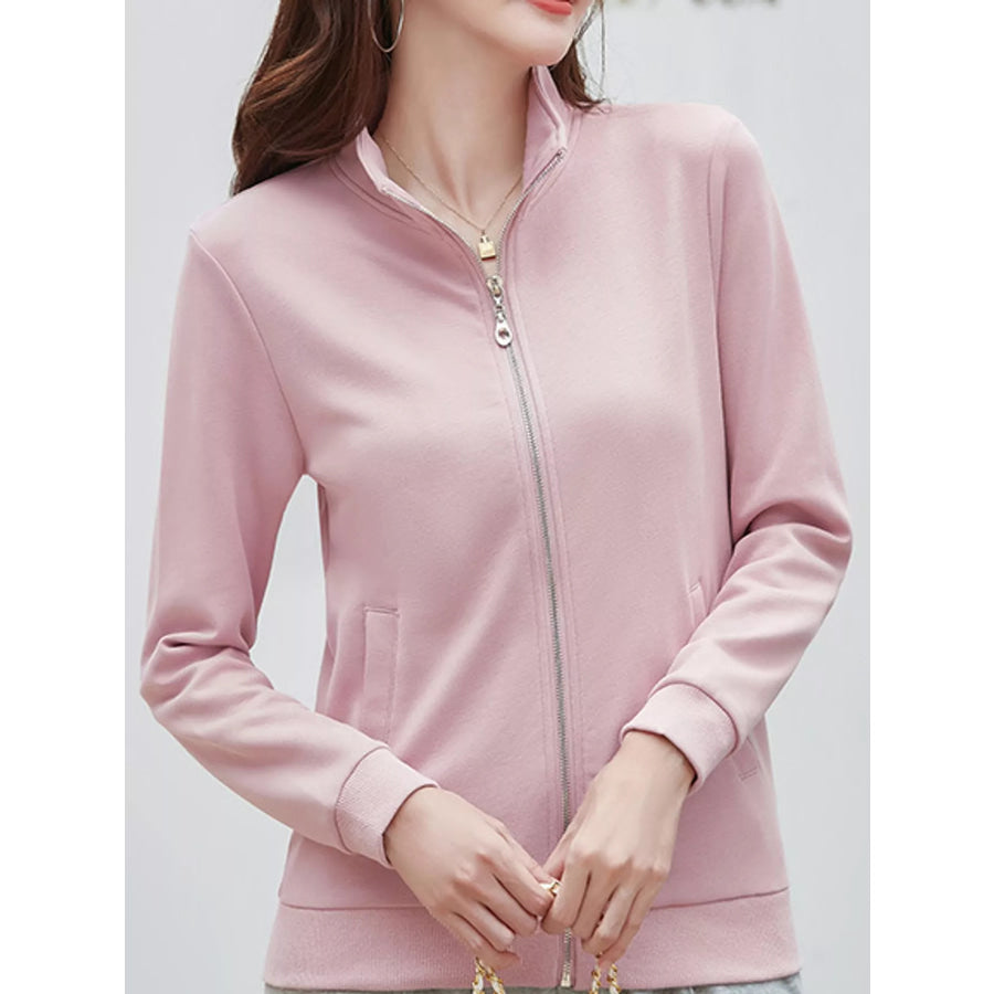 Full Size Stand-Collar Zip-Up Sweatshirt Plus Pink / S Apparel and Accessories