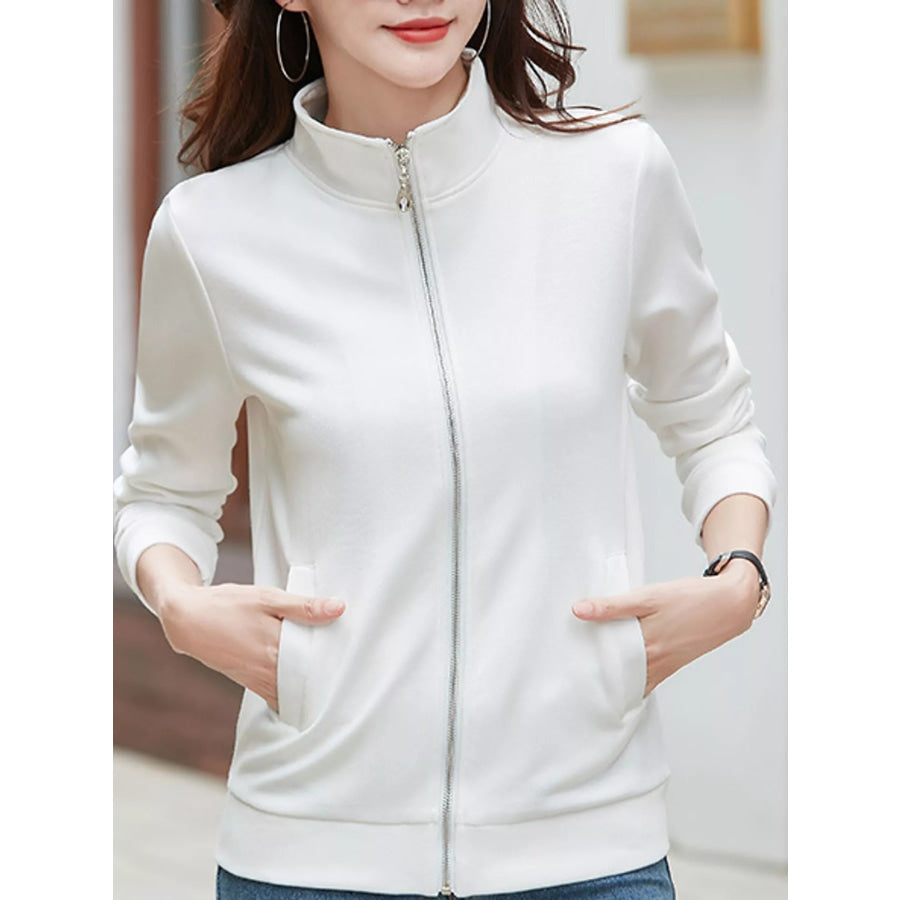 Full Size Stand-Collar Zip-Up Sweatshirt Plus White / S Apparel and Accessories