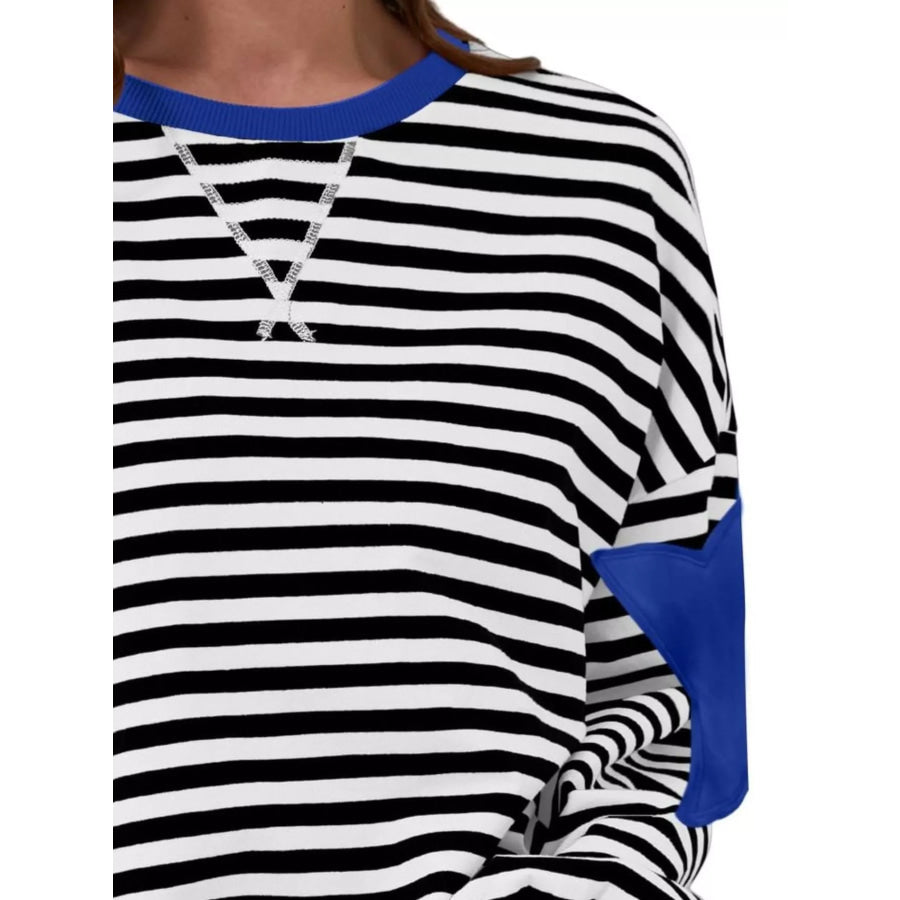 Full Size Star Patch Striped Oversized Sweatshirt Plus Apparel and Accessories