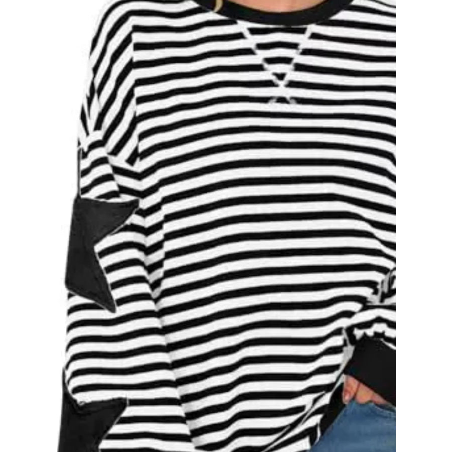 Full Size Star Patch Striped Oversized Sweatshirt Plus Apparel and Accessories