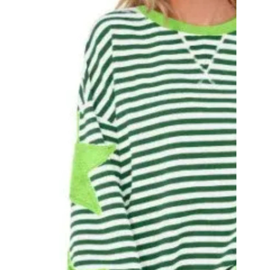 Full Size Star Patch Striped Oversized Sweatshirt Plus Apparel and Accessories