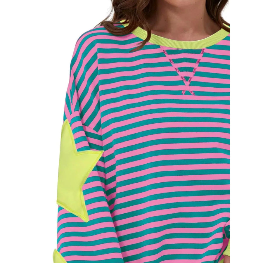 Full Size Star Patch Striped Oversized Sweatshirt Plus Pink / S Apparel and Accessories