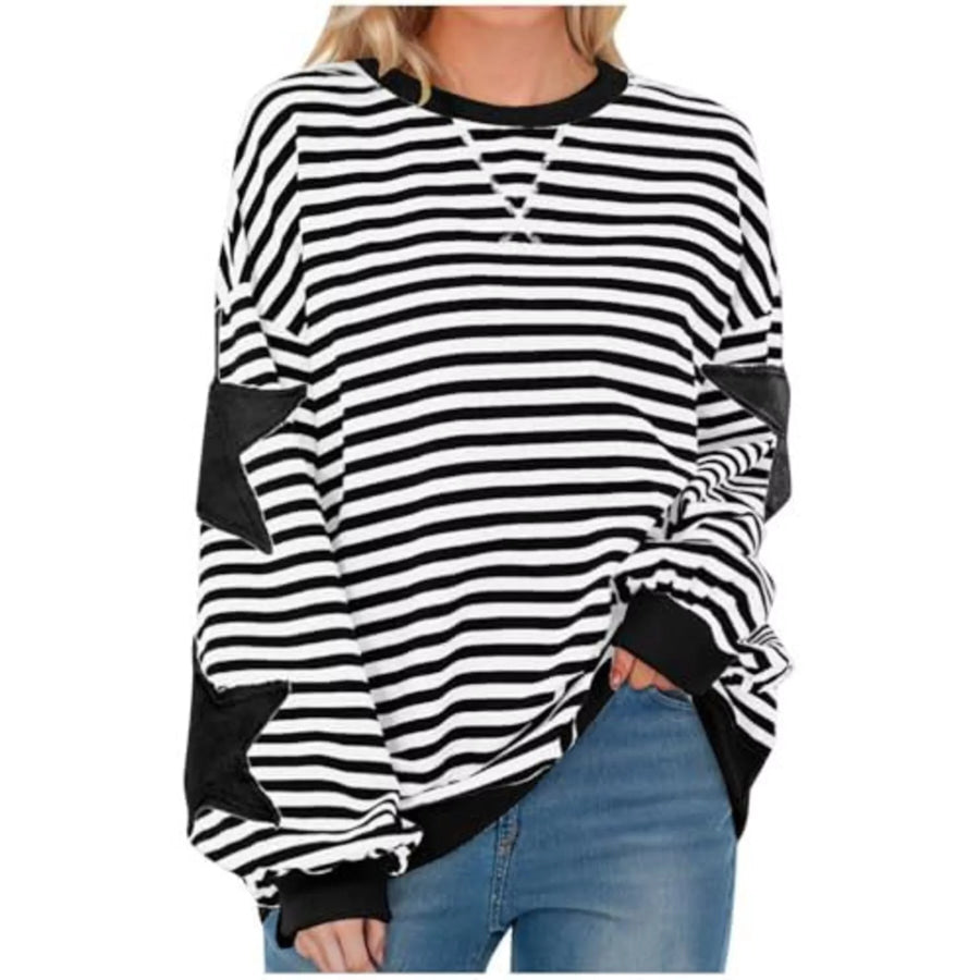 Full Size Star Patch Striped Oversized Sweatshirt Plus Black / S Apparel and Accessories