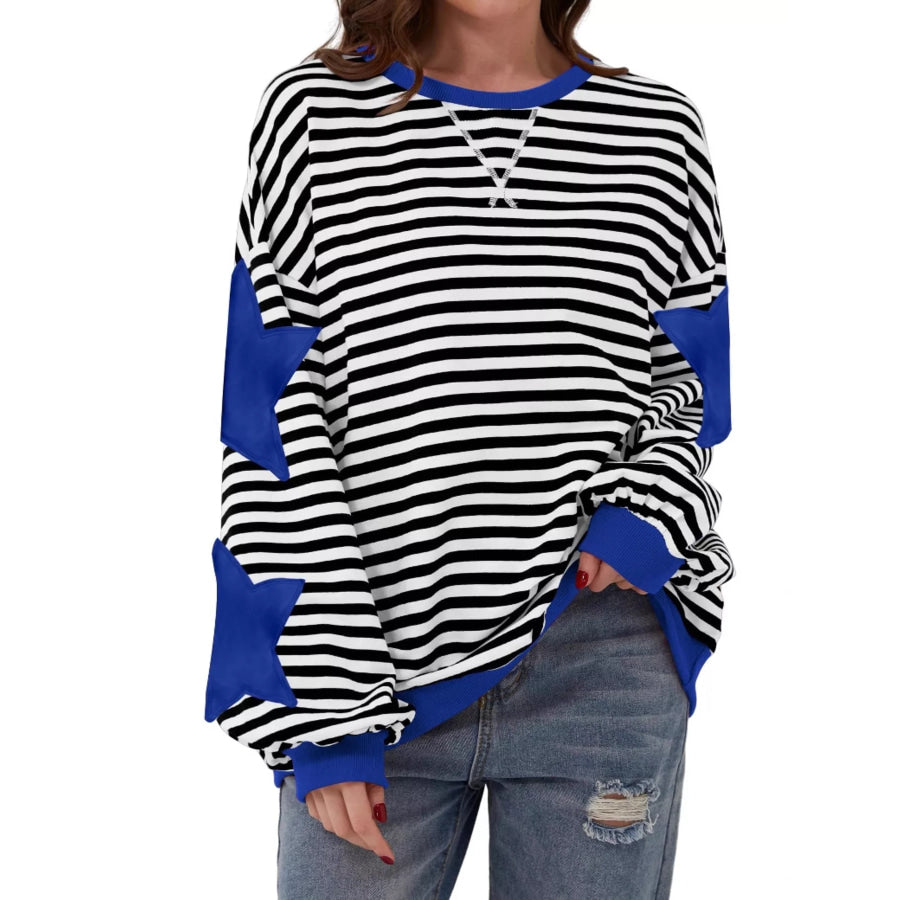 Full Size Star Patch Striped Oversized Sweatshirt Plus Blue / S Apparel and Accessories