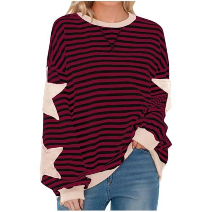 Full Size Star Patch Striped Oversized Sweatshirt Plus Burgundy / S Apparel and Accessories