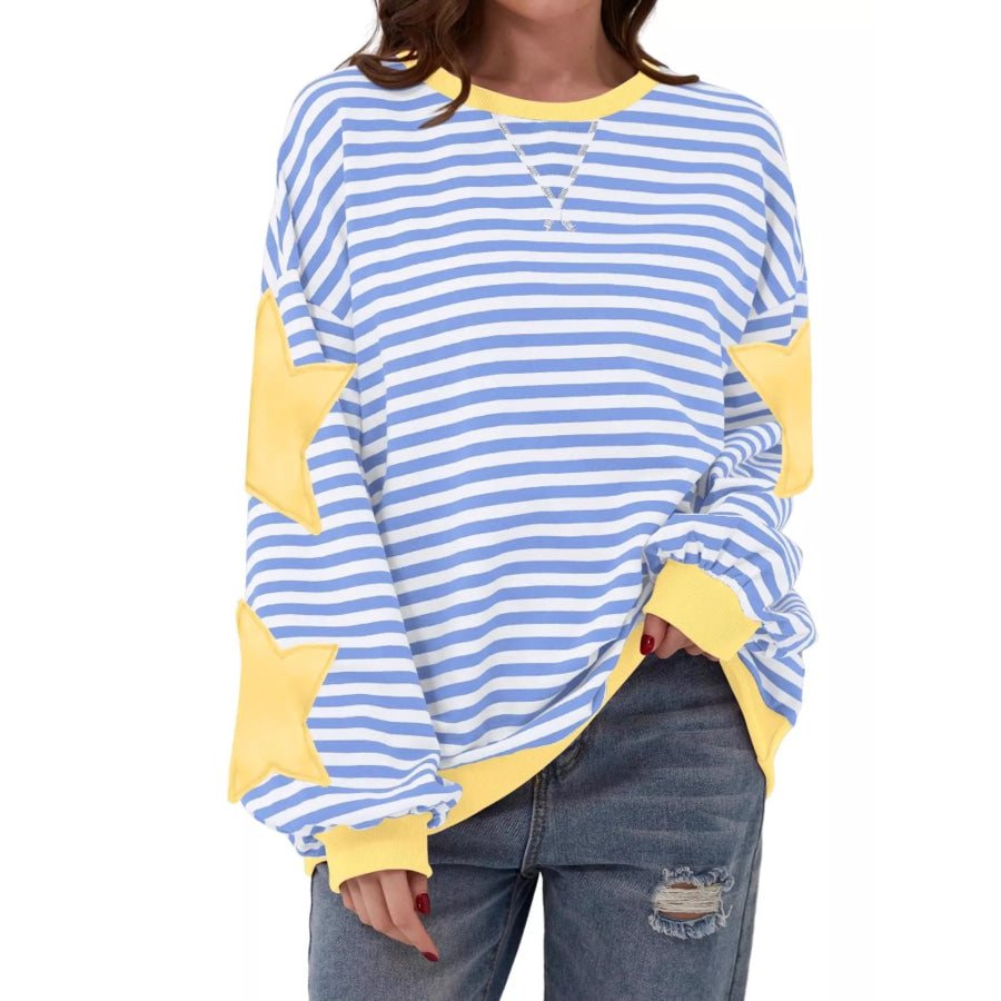 Full Size Star Patch Striped Oversized Sweatshirt Plus Light Blue / S Apparel and Accessories