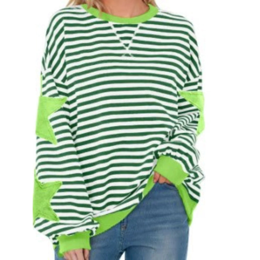 Full Size Star Patch Striped Oversized Sweatshirt Plus Light Green / S Apparel and Accessories