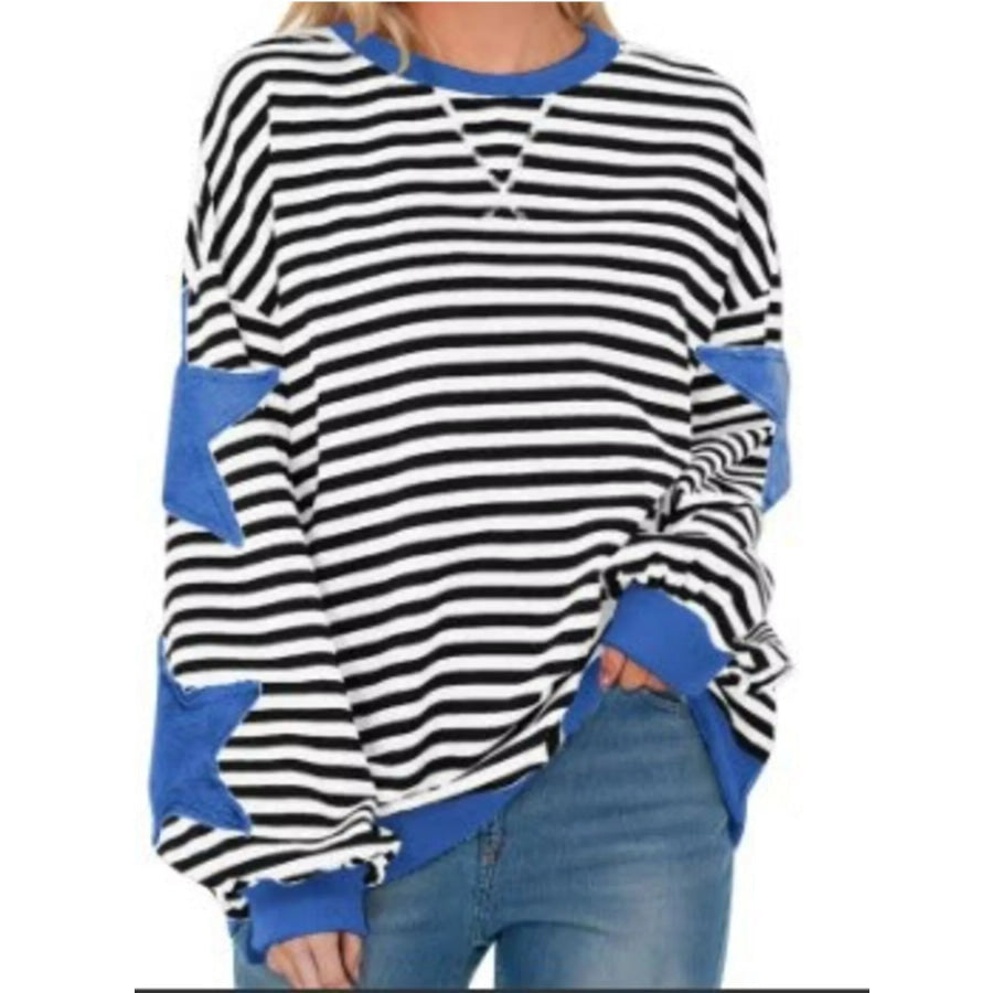 Full Size Star Patch Striped Oversized Sweatshirt Plus Medium Blue / S Apparel and Accessories