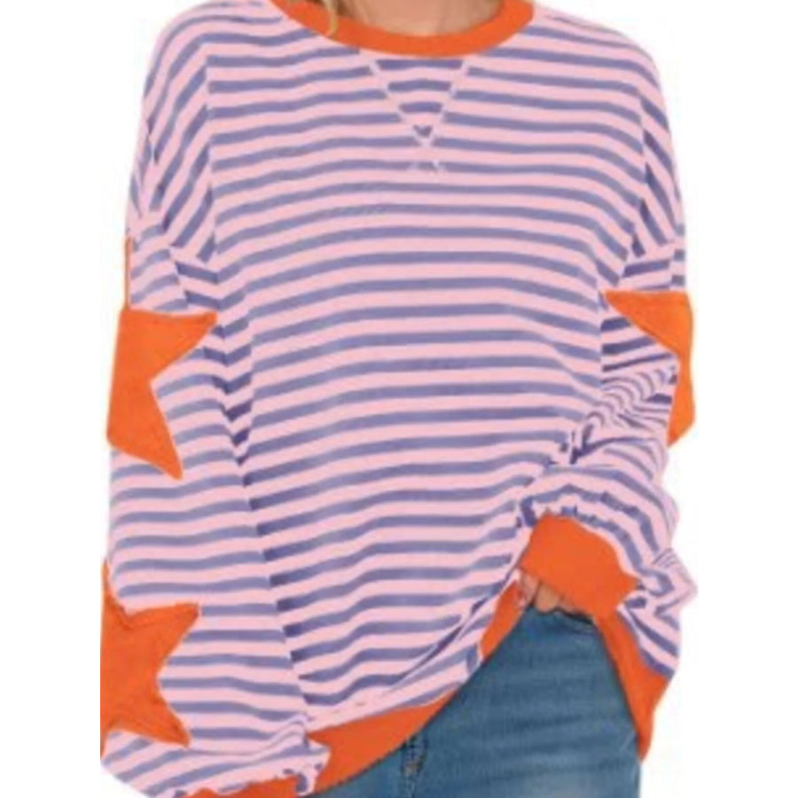 Full Size Star Patch Striped Oversized Sweatshirt Plus Orange / S Apparel and Accessories