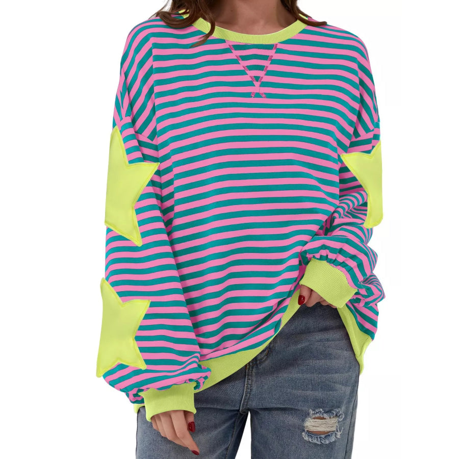 Full Size Star Patch Striped Oversized Sweatshirt Plus Pink / S Apparel and Accessories
