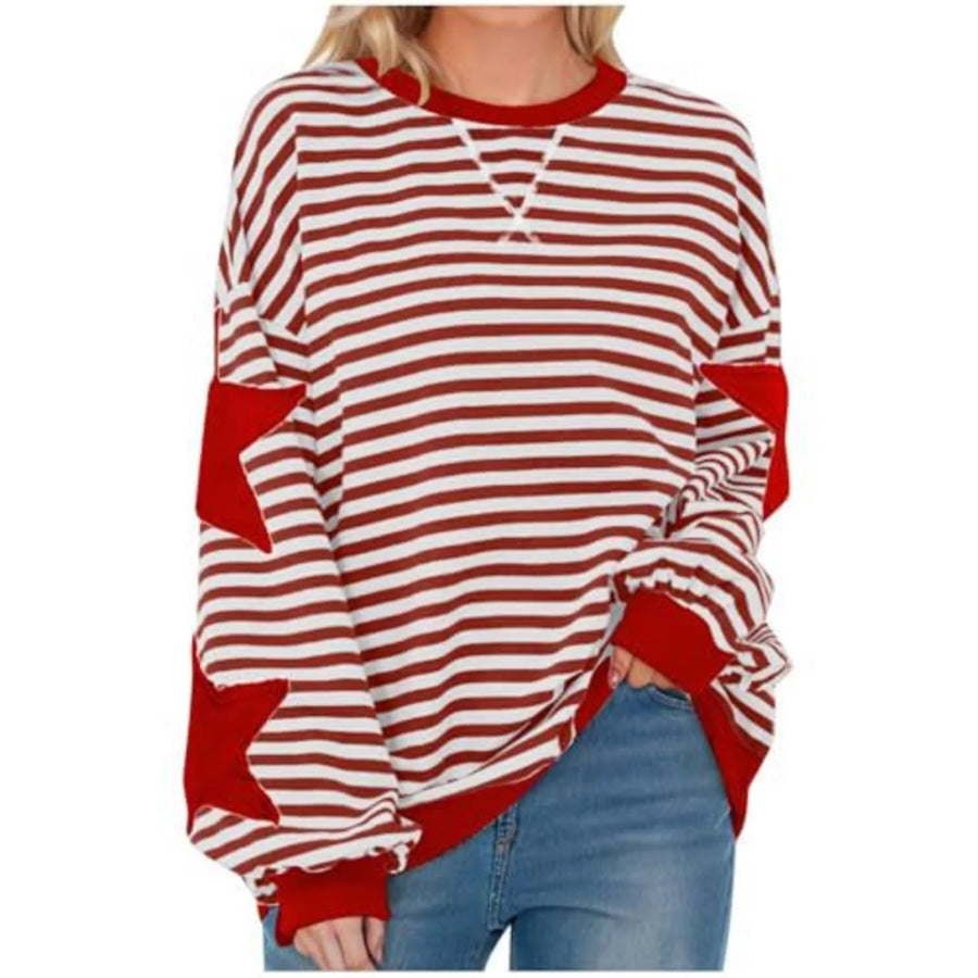 Full Size Star Patch Striped Oversized Sweatshirt Plus Red / S Apparel and Accessories