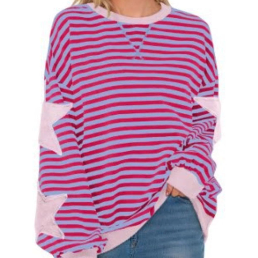 Full Size Star Patch Striped Oversized Sweatshirt Plus Rose Red / S Apparel and Accessories