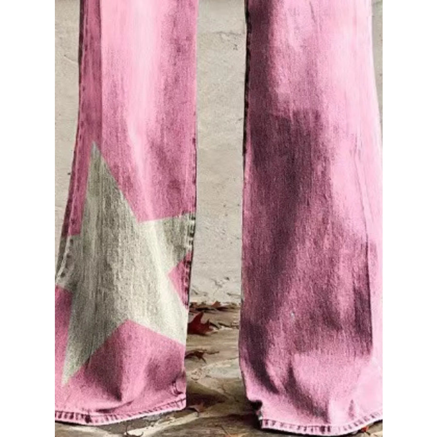 Full Size Star-Print Wide-Leg Pants Plus Blush Pink / S Apparel and Accessories
