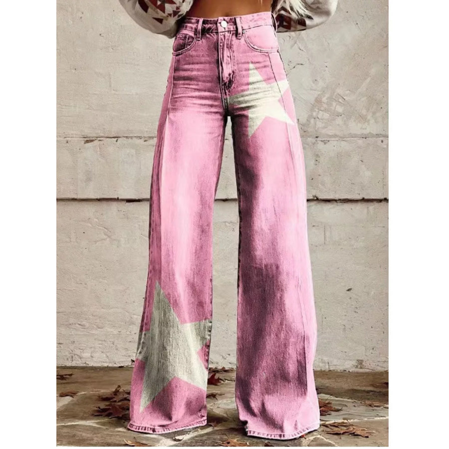 Full Size Star-Print Wide-Leg Pants Plus Blush Pink / S Apparel and Accessories