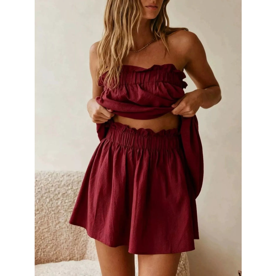 Full Size Strapless Top and High-Waisted Skirt Set Plus Burgundy / S Apparel Accessories