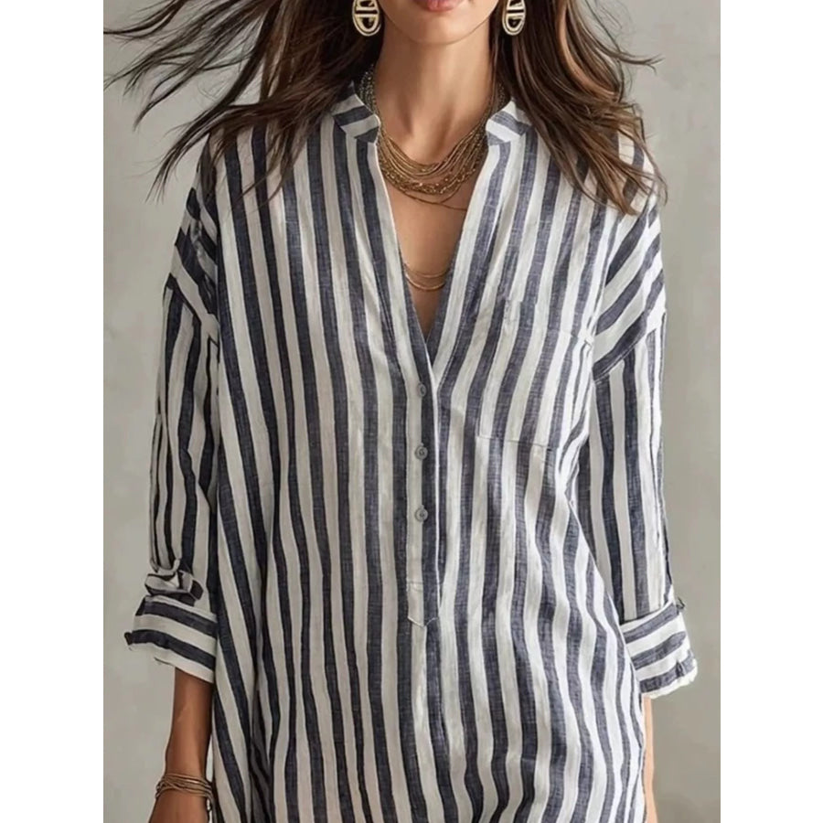Full Size Striped 3/4 Sleeve Shirt Dress Plus Size Apparel and Accessories