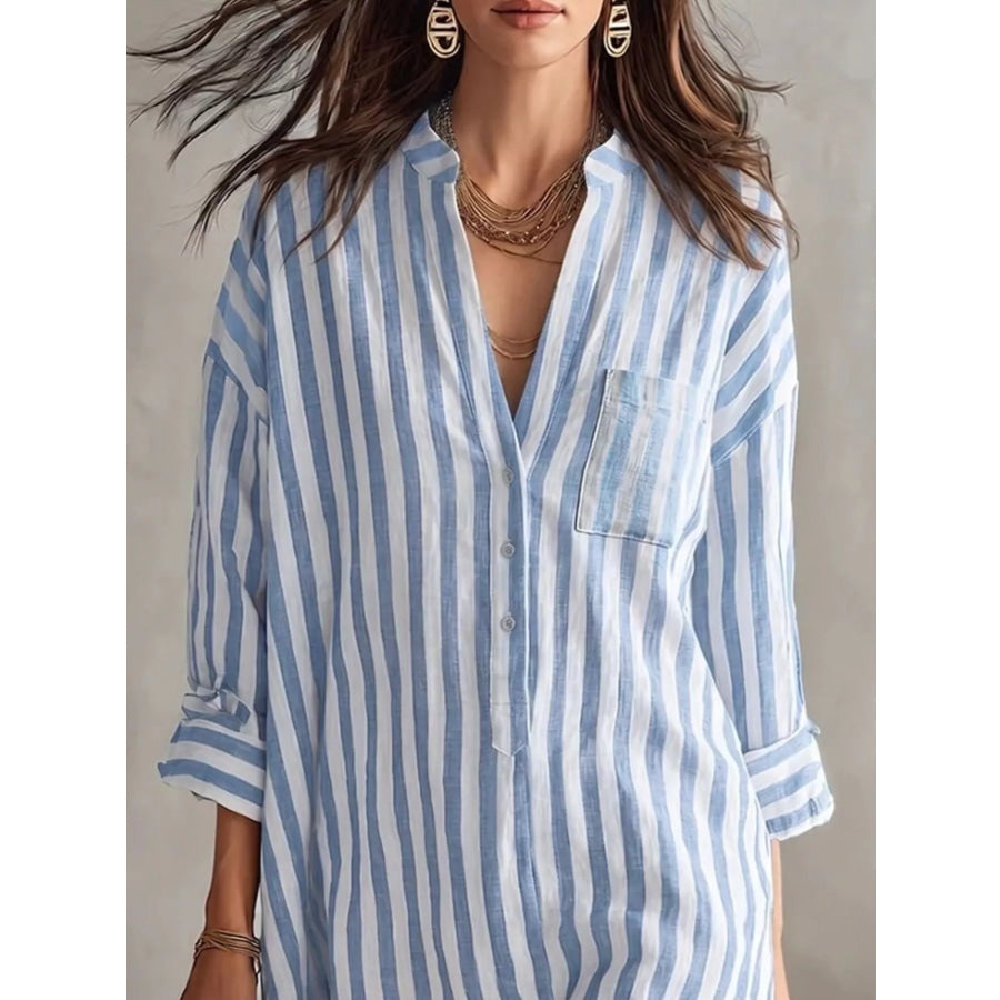 Full Size Striped 3/4 Sleeve Shirt Dress Plus Size Apparel and Accessories