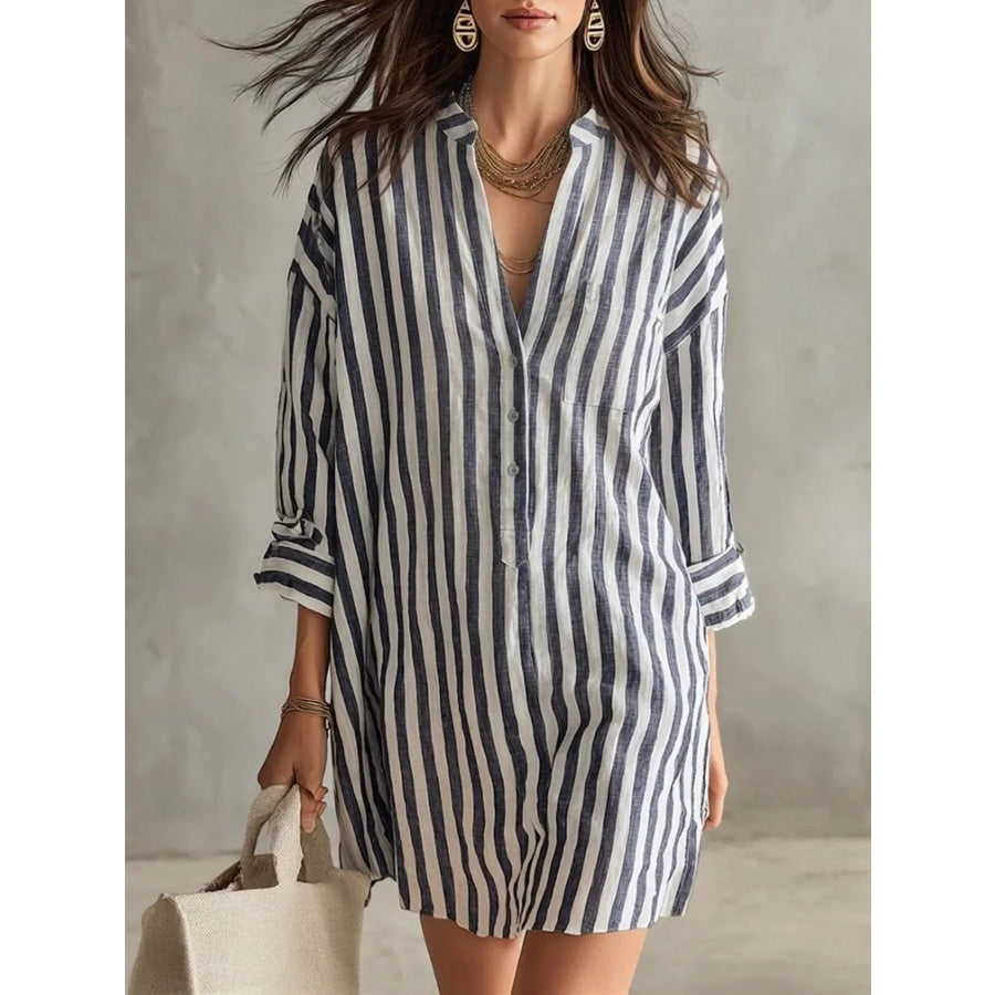 Full Size Striped 3/4 Sleeve Shirt Dress Plus Size Black / S Apparel and Accessories