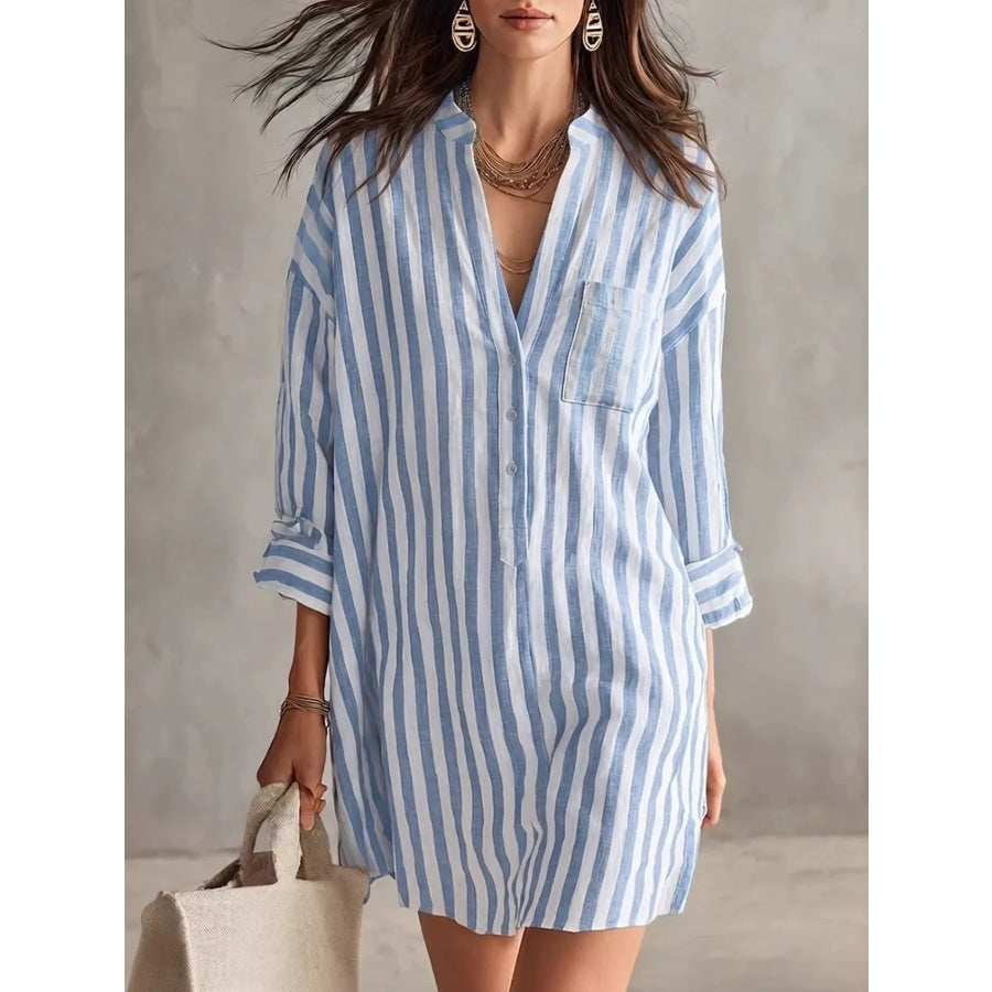 Full Size Striped 3/4 Sleeve Shirt Dress Plus Size Blue / S Apparel and Accessories