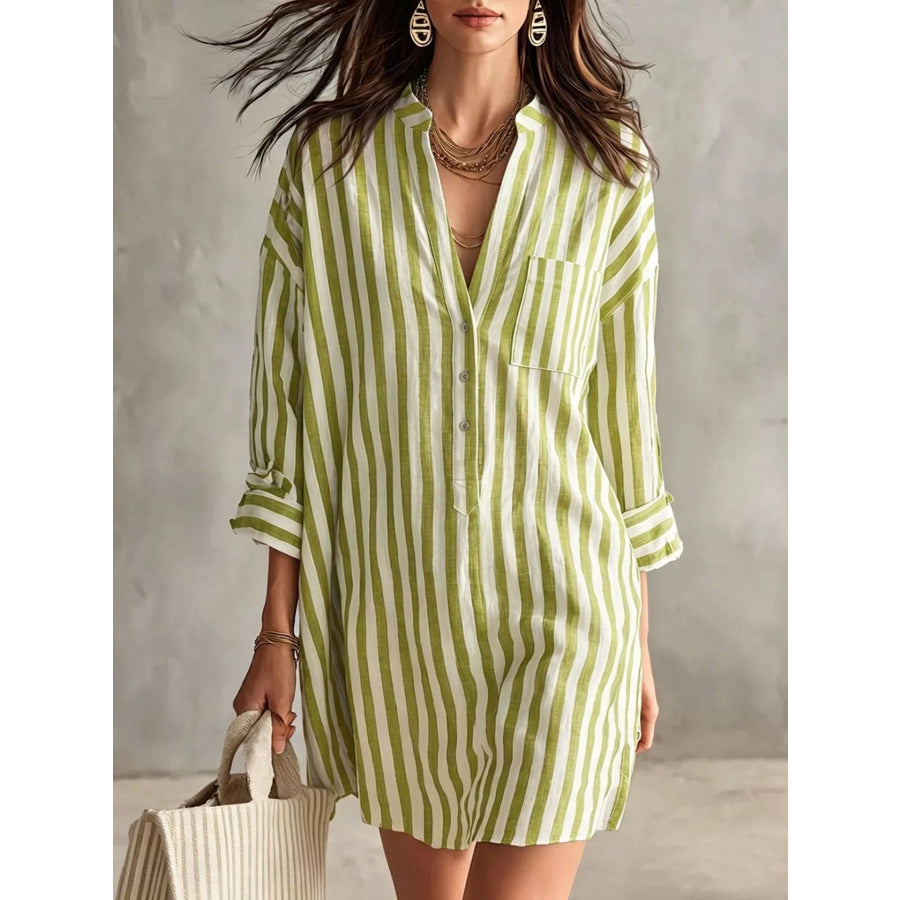Full Size Striped 3/4 Sleeve Shirt Dress Plus Size Green / S Apparel and Accessories