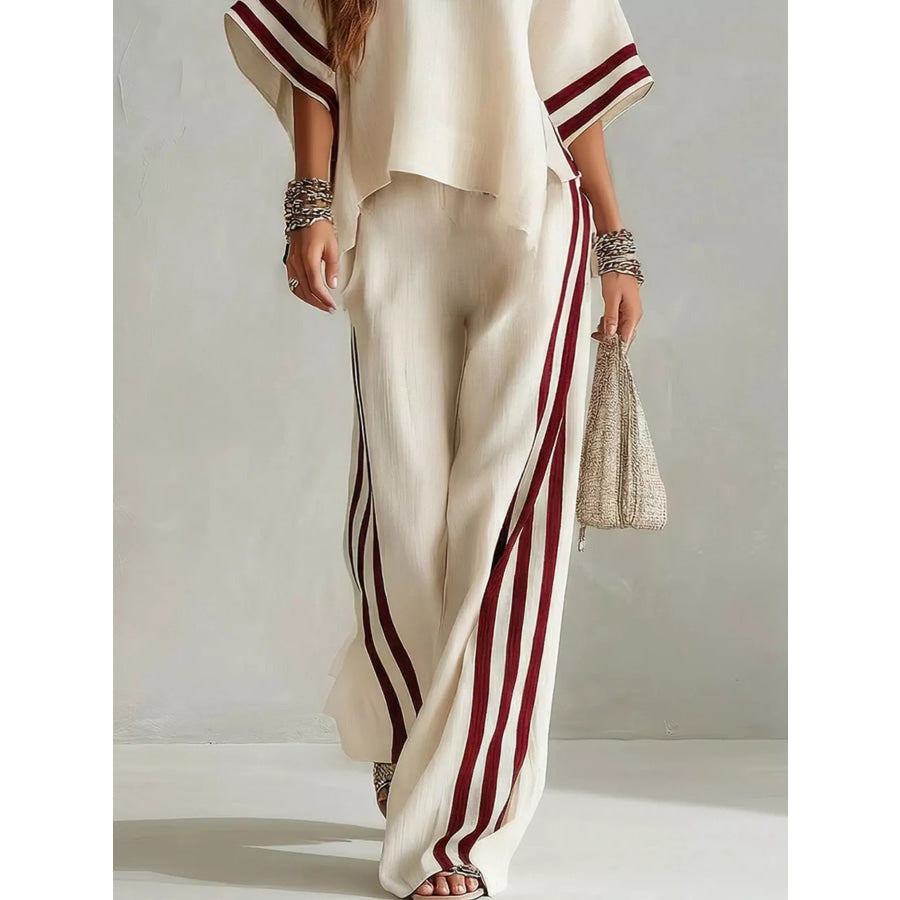 Full Size Striped 3/4 Sleeve Top and Pants Set Plus Size Apparel and Accessories