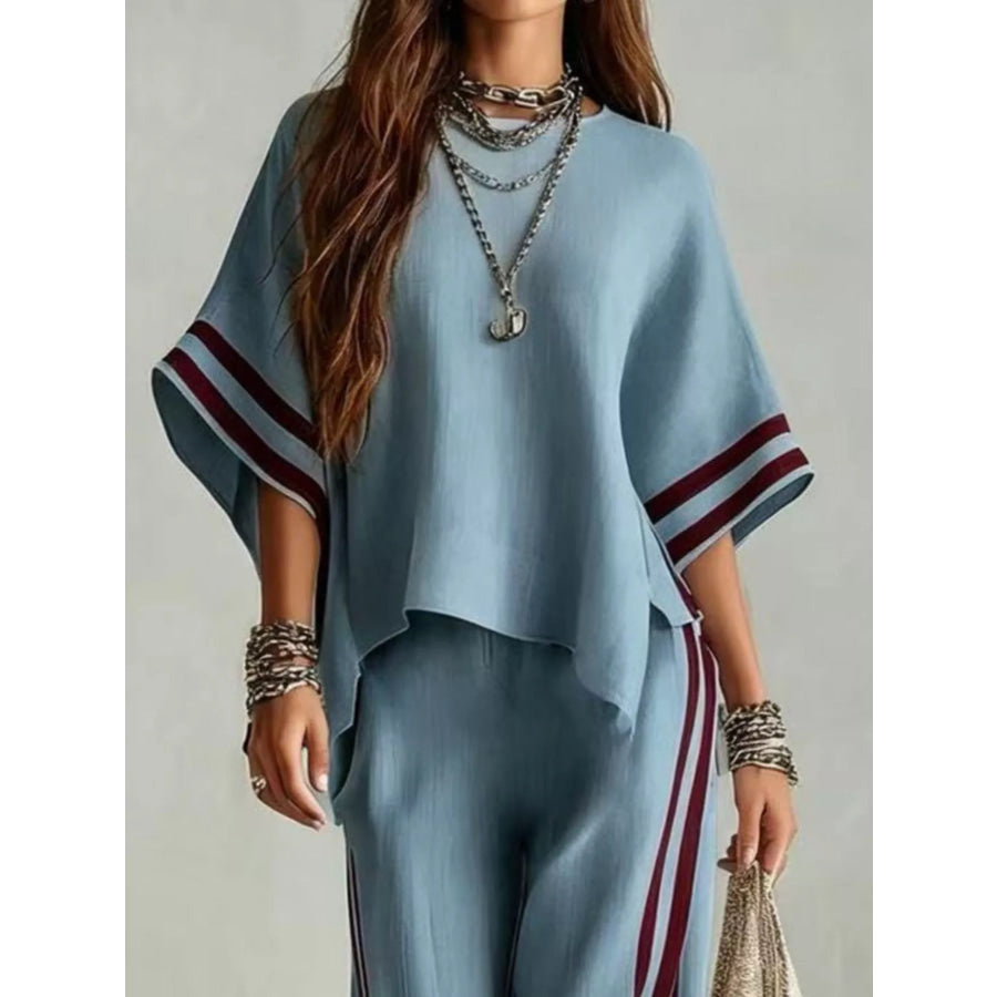 Full Size Striped 3/4 Sleeve Top and Pants Set Plus Size Apparel and Accessories