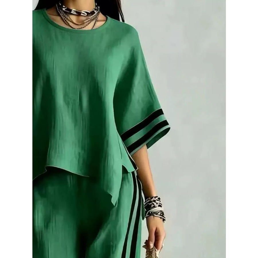 Full Size Striped 3/4 Sleeve Top and Pants Set Plus Size Apparel and Accessories