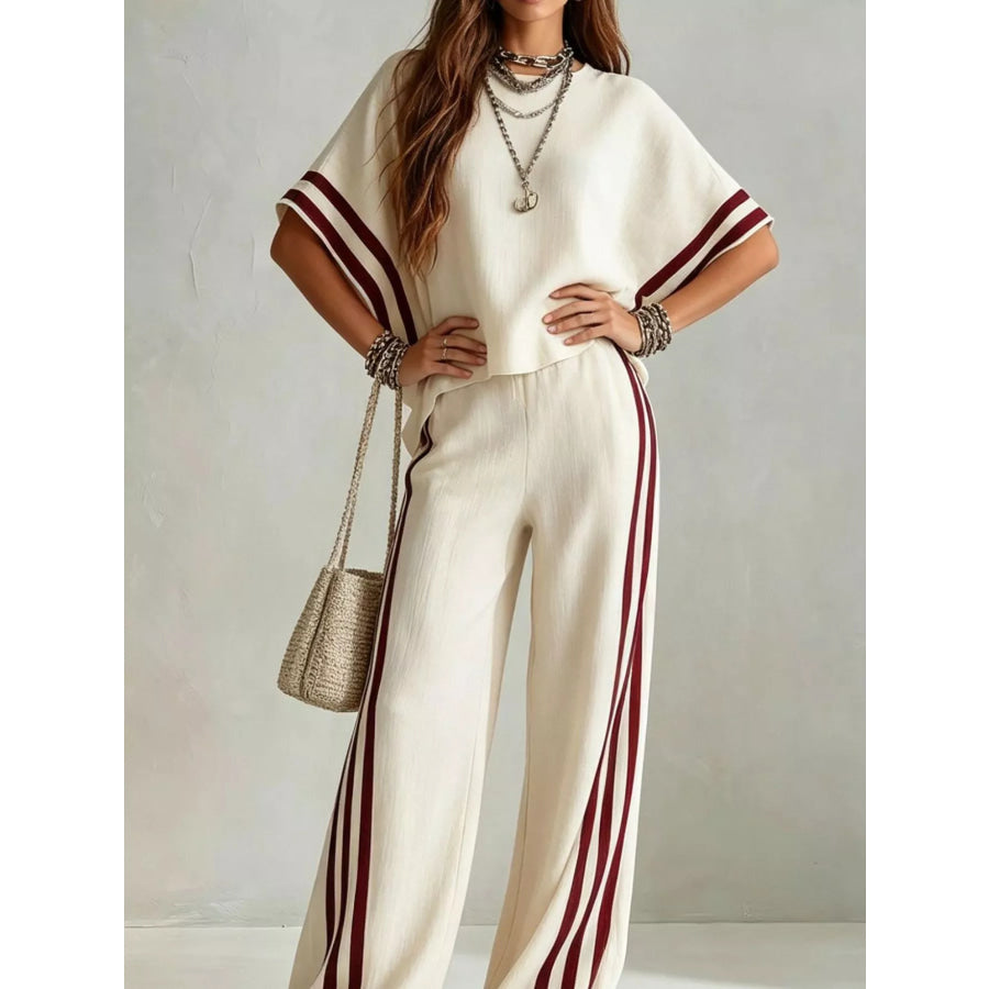 Full Size Striped 3/4 Sleeve Top and Pants Set Plus Size Apparel and Accessories