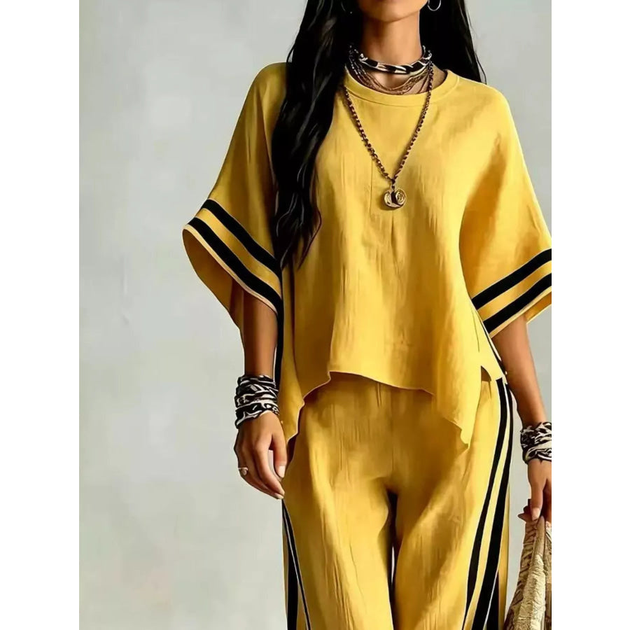 Full Size Striped 3/4 Sleeve Top and Pants Set Plus Size Apparel and Accessories