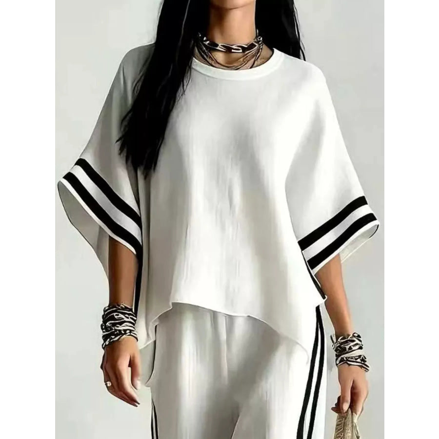 Full Size Striped 3/4 Sleeve Top and Pants Set Plus Size Apparel and Accessories