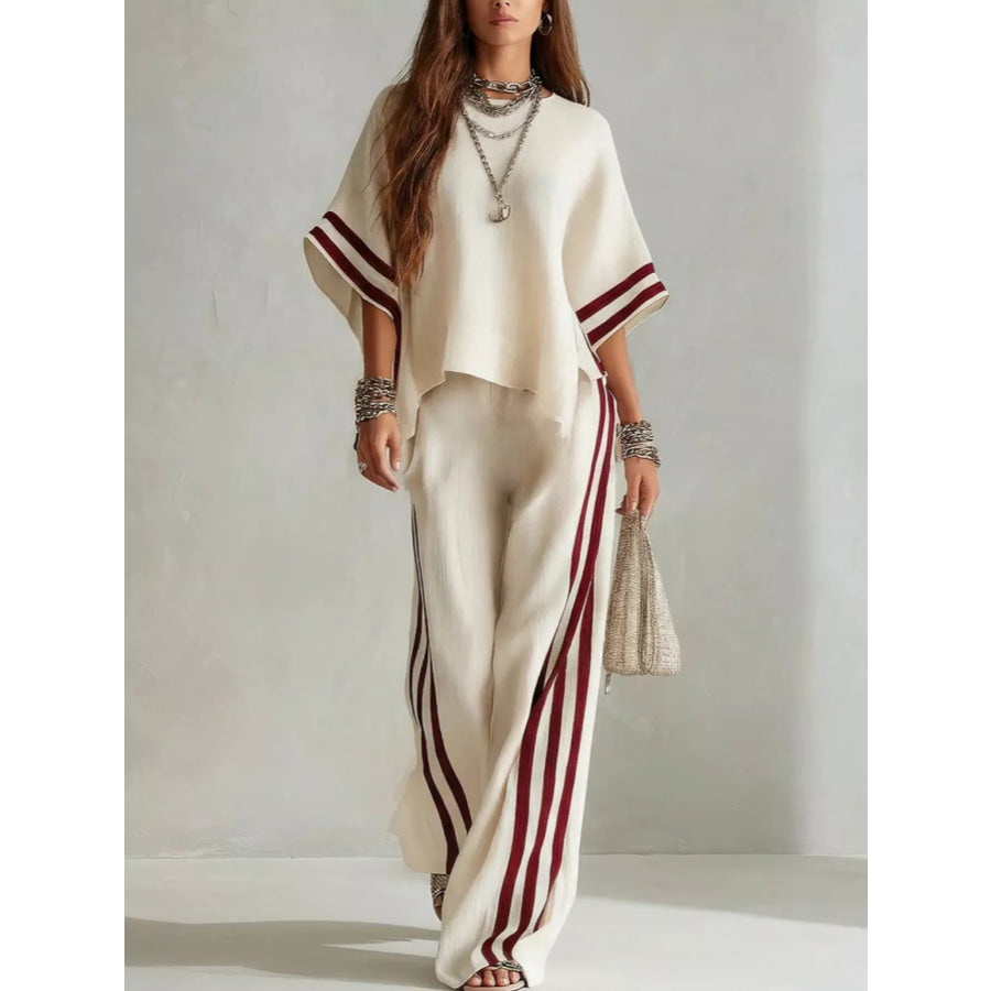 Full Size Striped 3/4 Sleeve Top and Pants Set Plus Size Apricot / S Apparel and Accessories