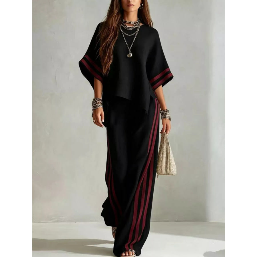 Full Size Striped 3/4 Sleeve Top and Pants Set Plus Size Black / S Apparel and Accessories