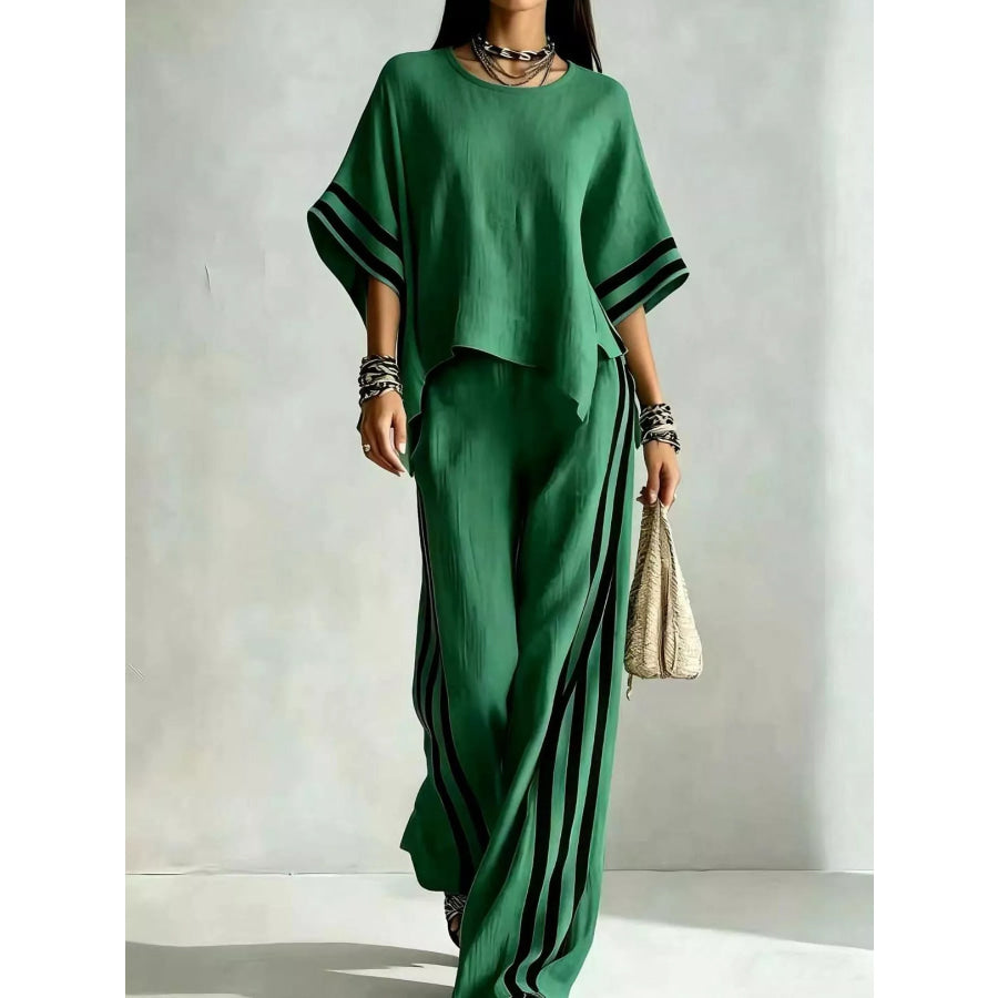 Full Size Striped 3/4 Sleeve Top and Pants Set Plus Size Green / S Apparel and Accessories