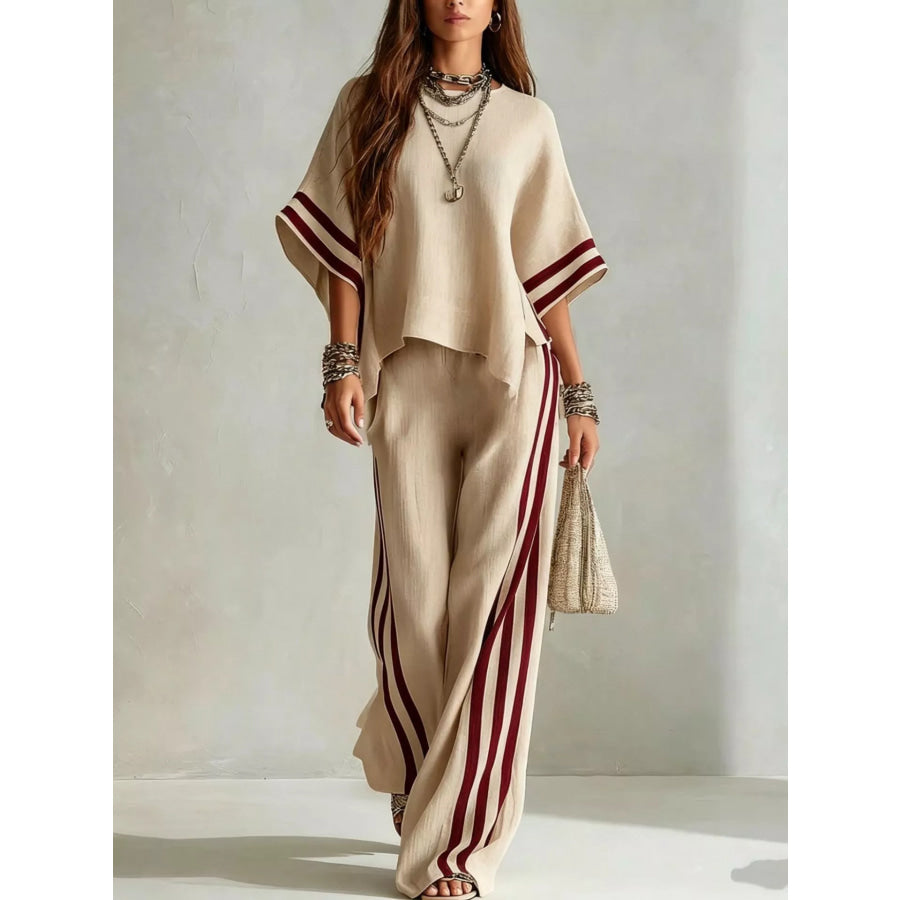 Full Size Striped 3/4 Sleeve Top and Pants Set Plus Khaki / S Apparel Accessories