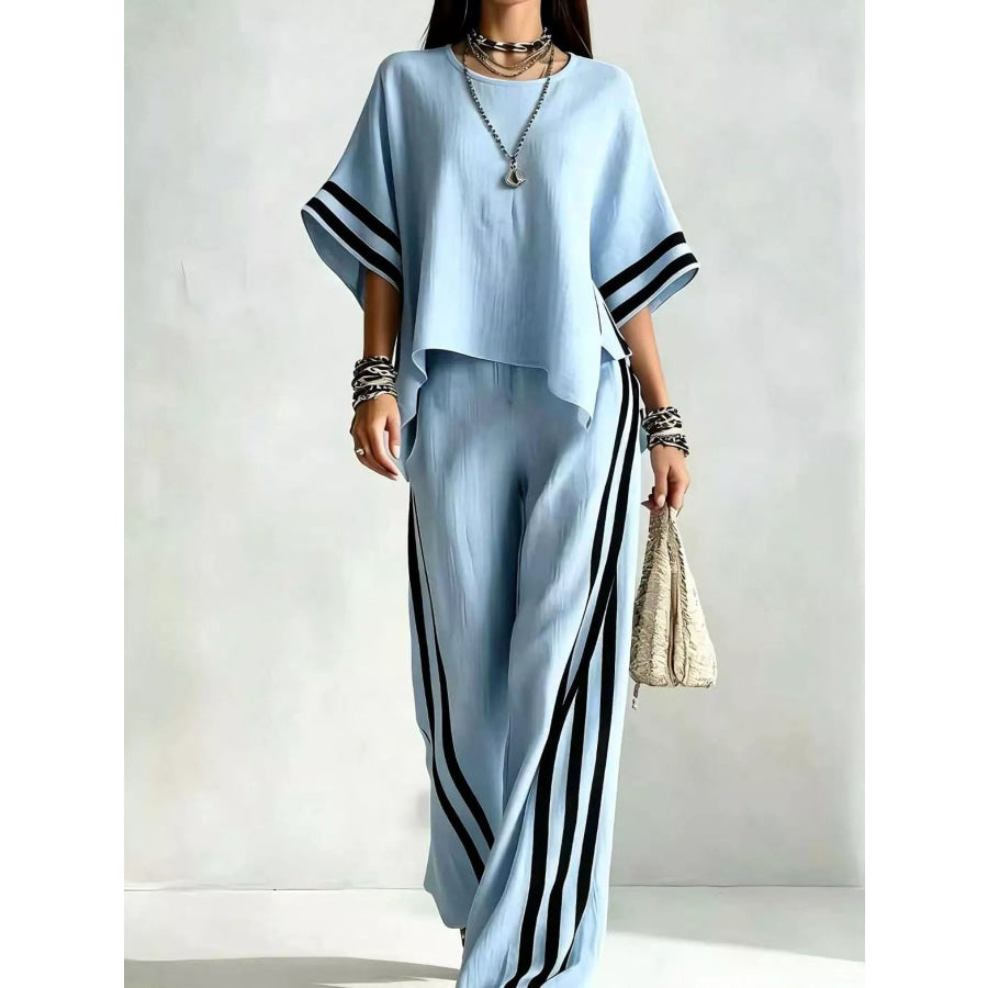 Full Size Striped 3/4 Sleeve Top and Pants Set Plus Size Light Blue / S Apparel and Accessories