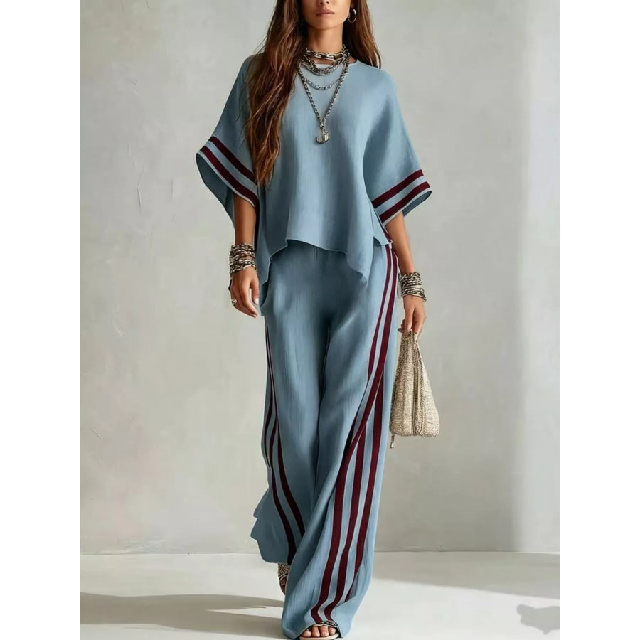 Full Size Striped 3/4 Sleeve Top and Pants Set Plus Size Peacock Blue / S Apparel and Accessories