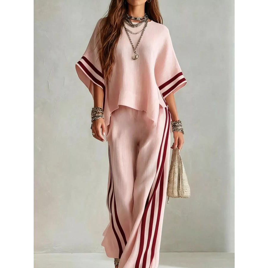 Full Size Striped 3/4 Sleeve Top and Pants Set Plus Size Pink / S Apparel and Accessories