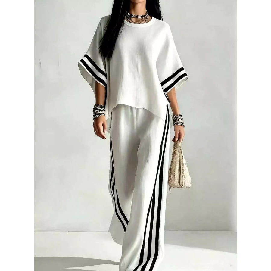Full Size Striped 3/4 Sleeve Top and Pants Set Plus Size White / S Apparel and Accessories