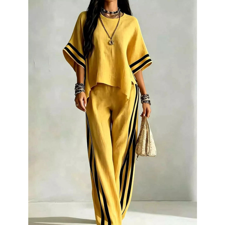 Full Size Striped 3/4 Sleeve Top and Pants Set Plus Size Yellow / S Apparel and Accessories