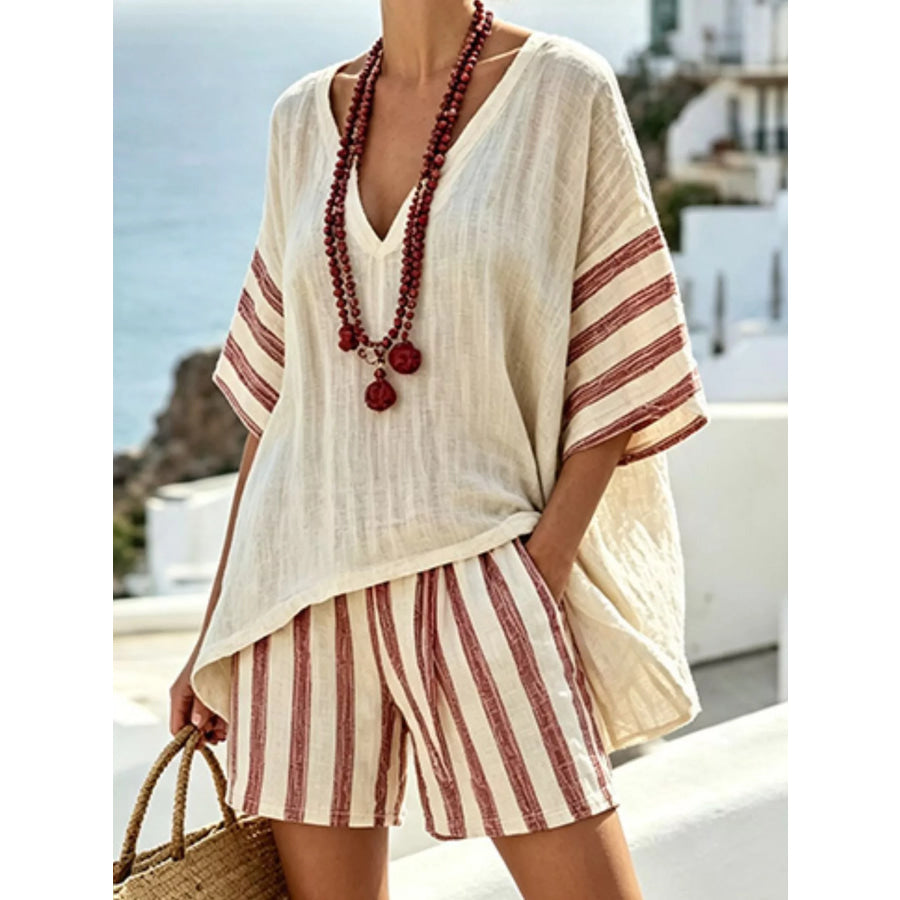 Full Size Striped 3/4 Sleeve Top and Shorts Set Plus Size Apparel and Accessories
