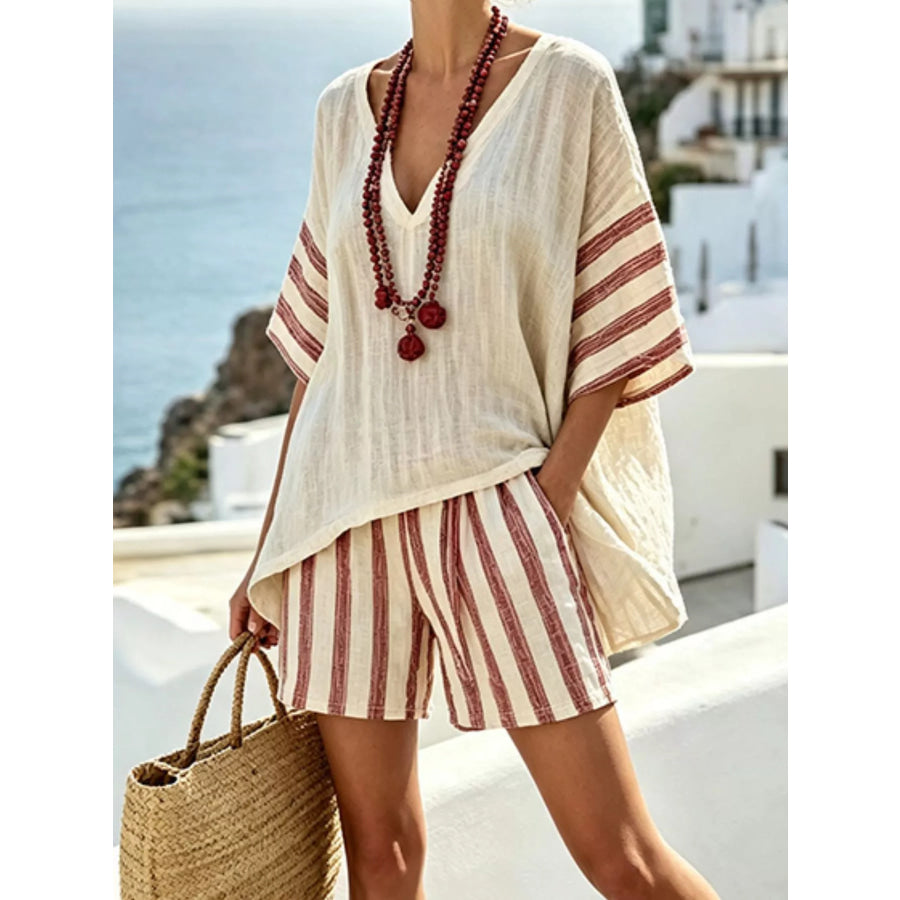 Full Size Striped 3/4 Sleeve Top and Shorts Set Plus Size Beige / S Apparel and Accessories