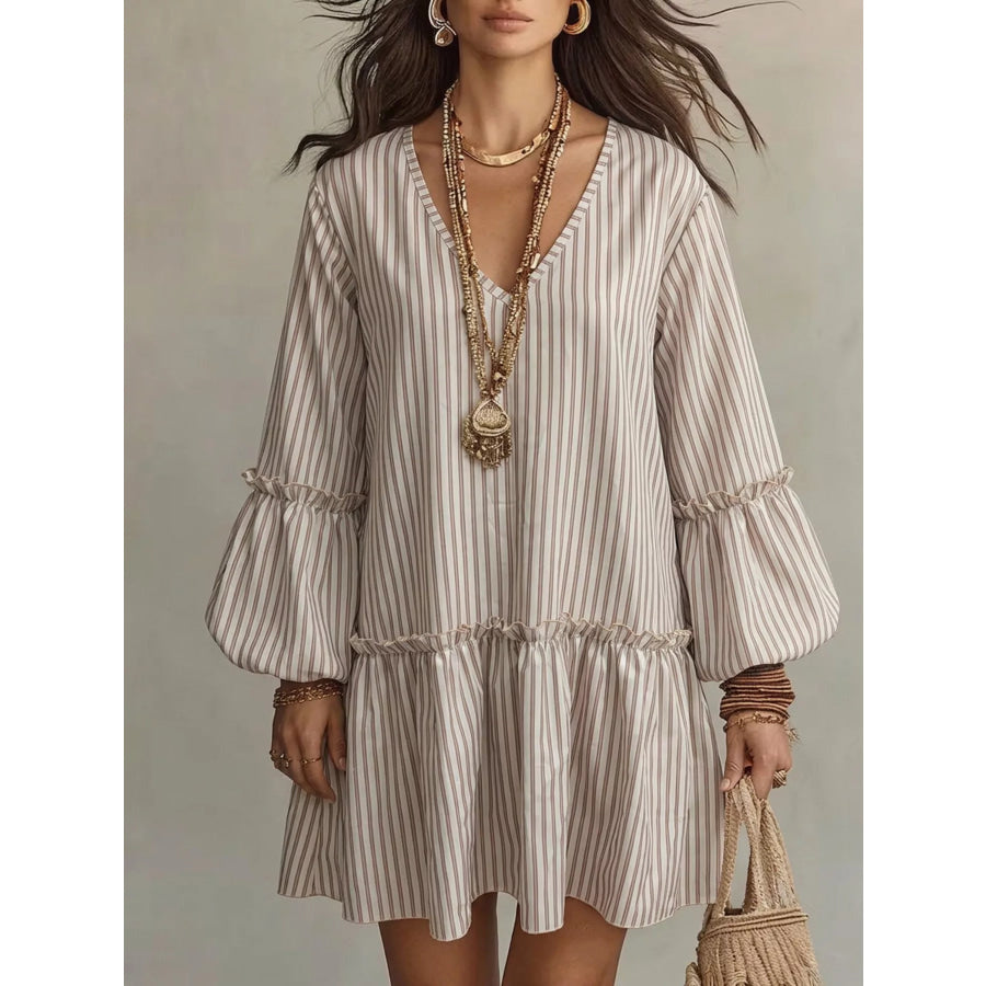 Full Size Striped Balloon Sleeve Mini Dress Plus Size Khaki / S Apparel and Accessories