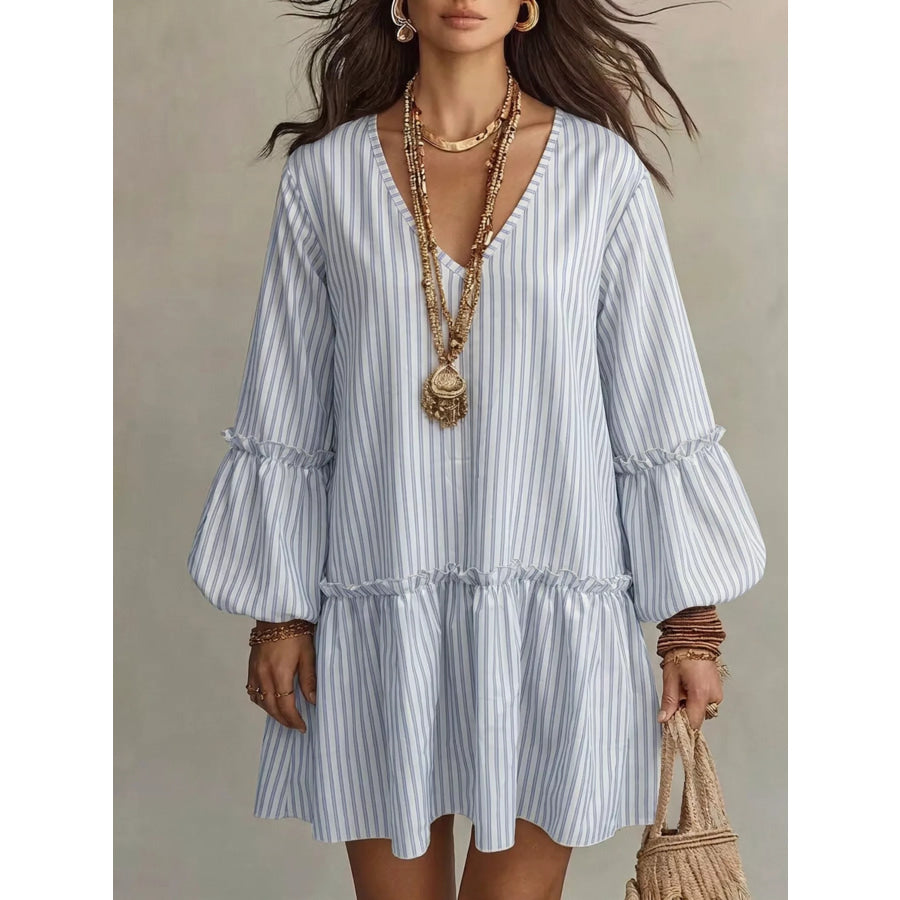 Full Size Striped Balloon Sleeve Mini Dress Plus Size Light Blue / S Apparel and Accessories