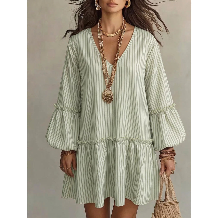 Full Size Striped Balloon Sleeve Mini Dress Plus Size Light Green / S Apparel and Accessories